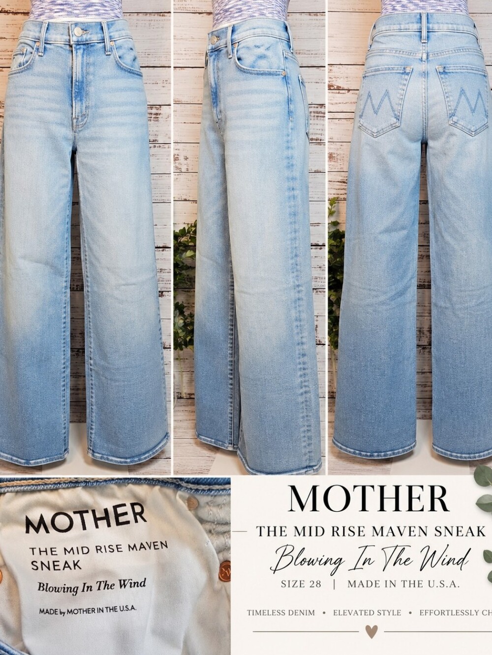 MOTHER Mid Rise Maven Sneak Jeans 28 Blowing In The Wind Wide Leg